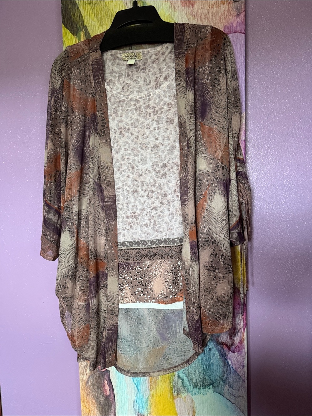 ONE WORLD Taupe, Purple & Rust Open-Front Women's Cardigan and tank 2 piece